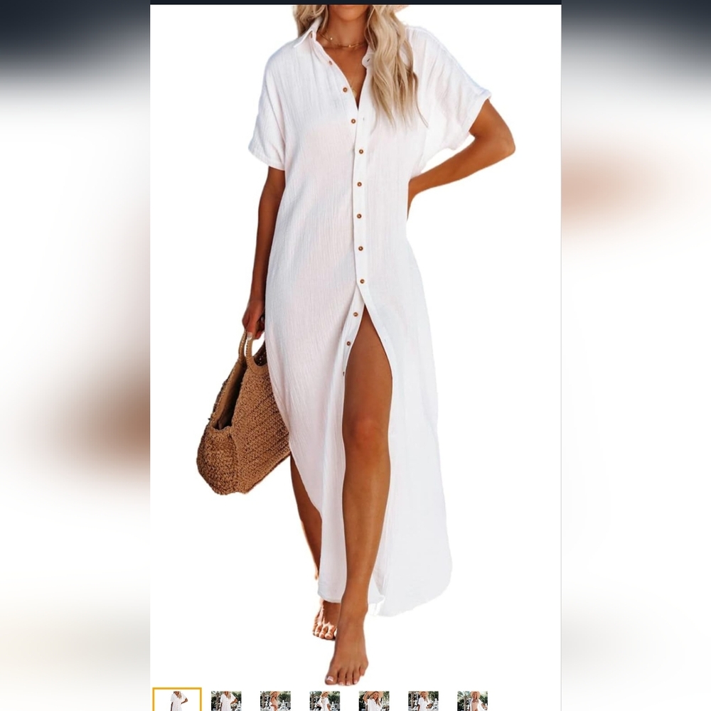 White Swim Coverup with Short Sleeves and Side Slits